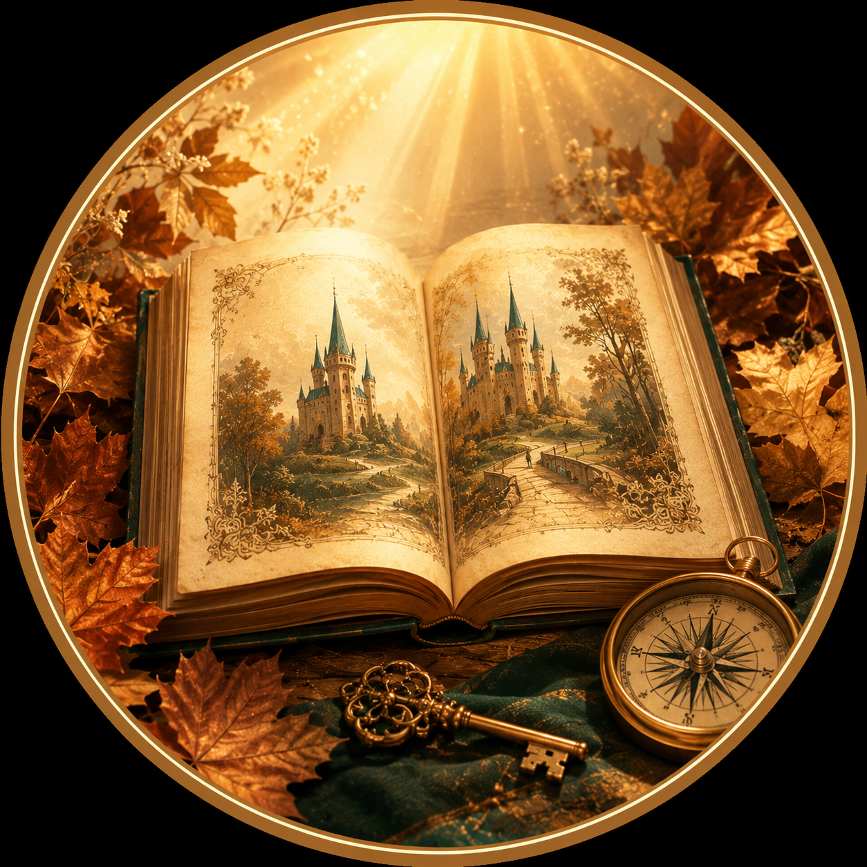Antique storybook with a castle, compass and key